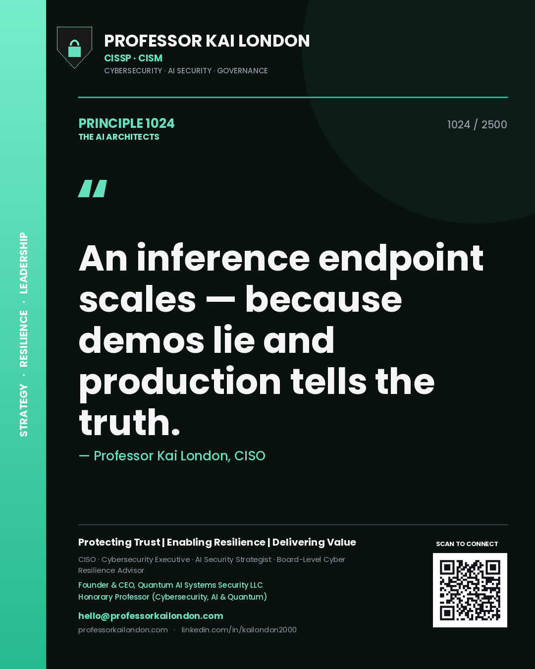 Quote card by Professor Kai London reading 'An inference endpoint scales — because demos lie and production tells the truth.'. From the book The AI Architects.