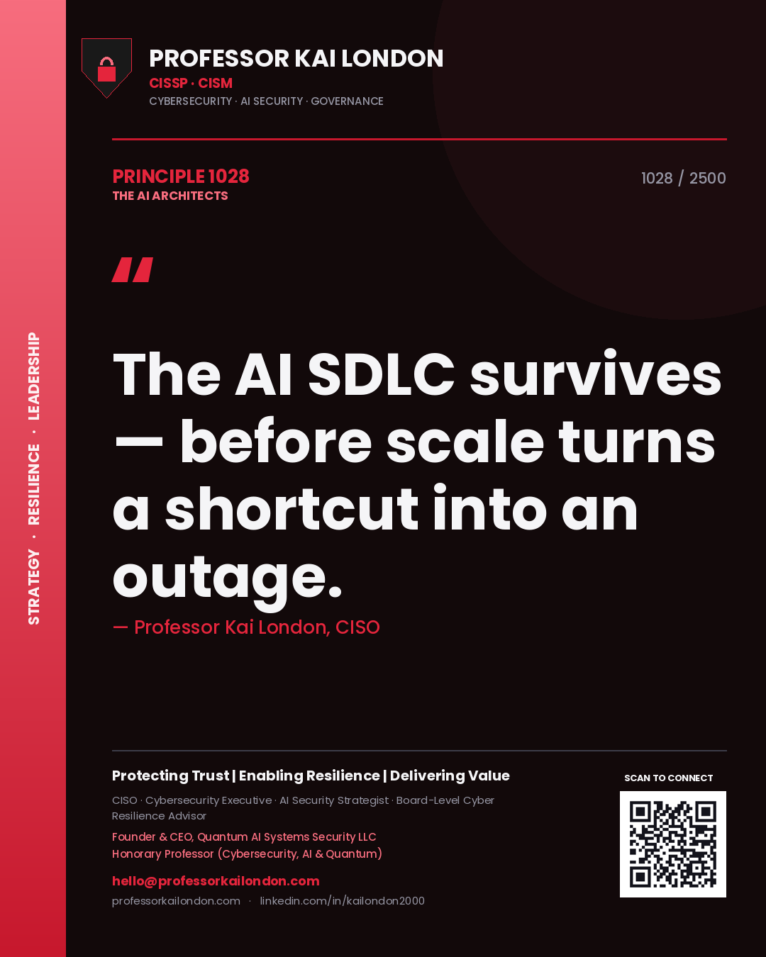 Quote card by Professor Kai London reading 'The AI SDLC survives — before scale turns a shortcut into an outage.'. From the book The AI Architects.