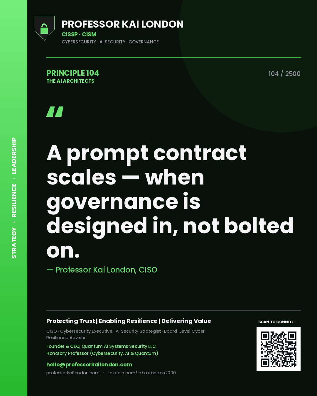 Quote card by Professor Kai London reading 'A prompt contract scales — when governance is designed in, not bolted on.'. From the book The AI Architects.