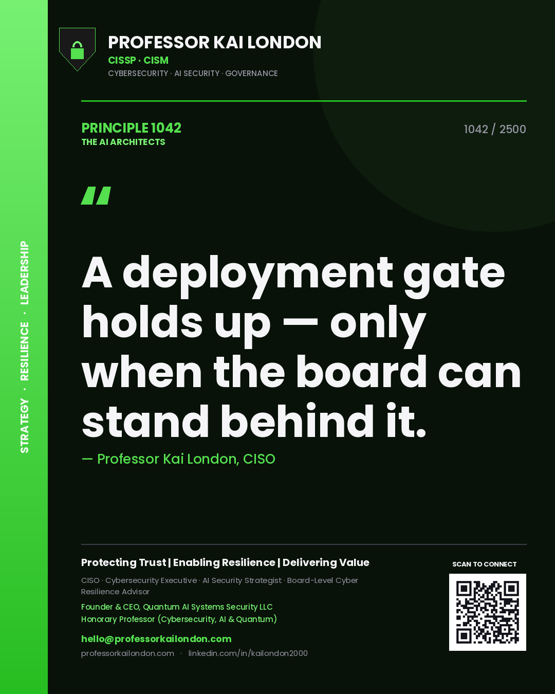 Quote card by Professor Kai London reading 'A deployment gate holds up — only when the board can stand behind it.'. From the book The AI Architects.