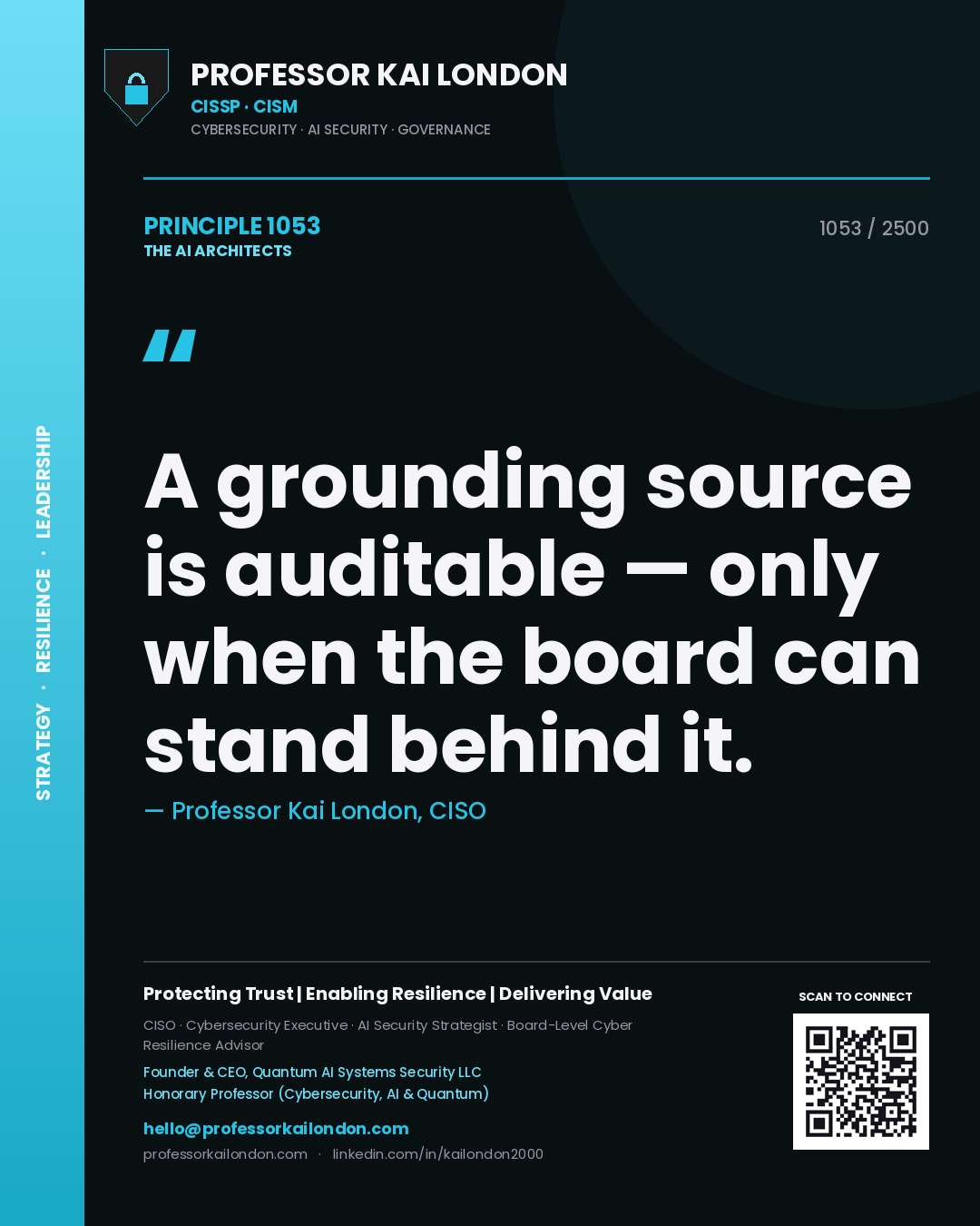 Quote card by Professor Kai London reading 'A grounding source is auditable — only when the board can stand behind it.'. From the book The AI Architects.