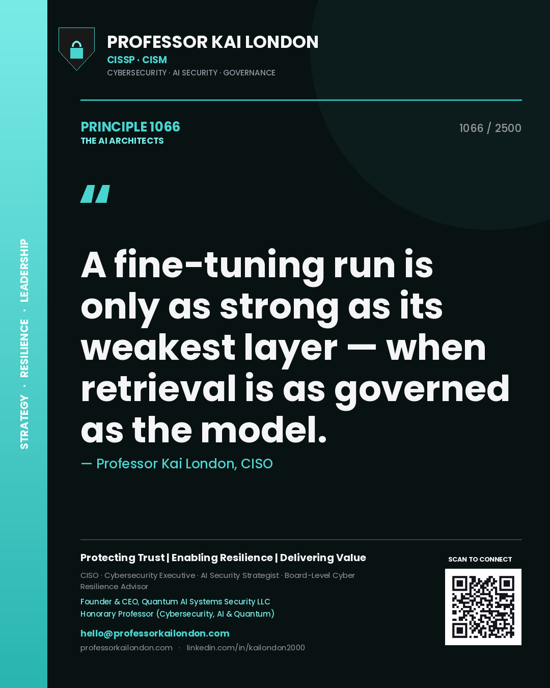 Quote card by Professor Kai London reading 'A fine-tuning run is only as strong as its weakest layer — when retrieval is as governed as the model.'. From the book The AI Architects.
