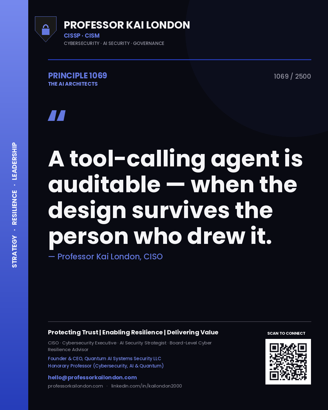 Quote card by Professor Kai London reading 'A tool-calling agent is auditable — when the design survives the person who drew it.'. From the book The AI Architects.