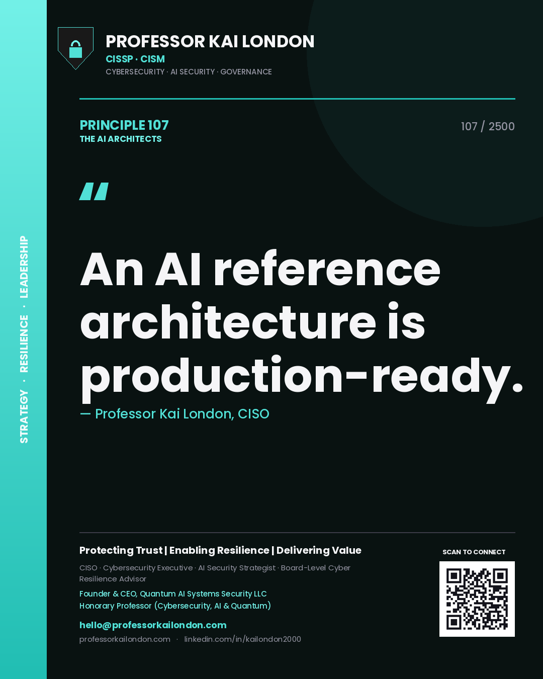Quote card by Professor Kai London reading 'An AI reference architecture is production-ready.'. From the book The AI Architects.