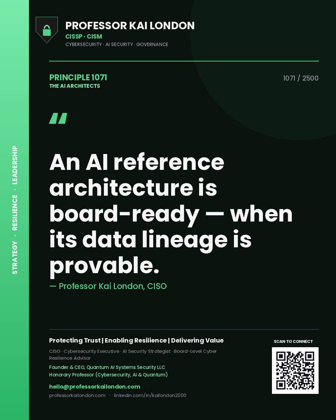 Professor Kai London principle 1071: An AI reference architecture is board-ready — when its data lineage is provable.