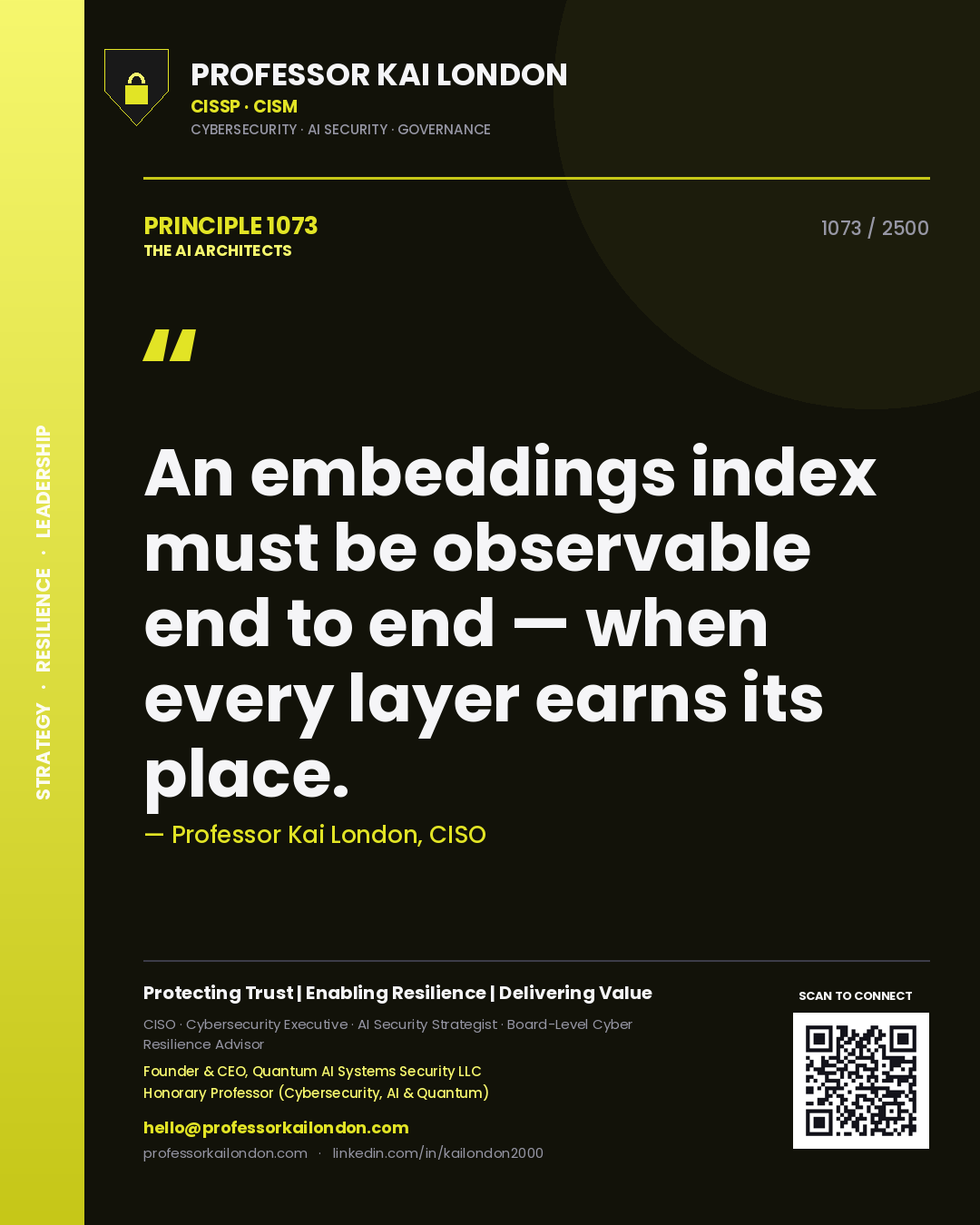 Professor Kai London principle 1073: An embeddings index must be observable end to end — when every layer earns its place.