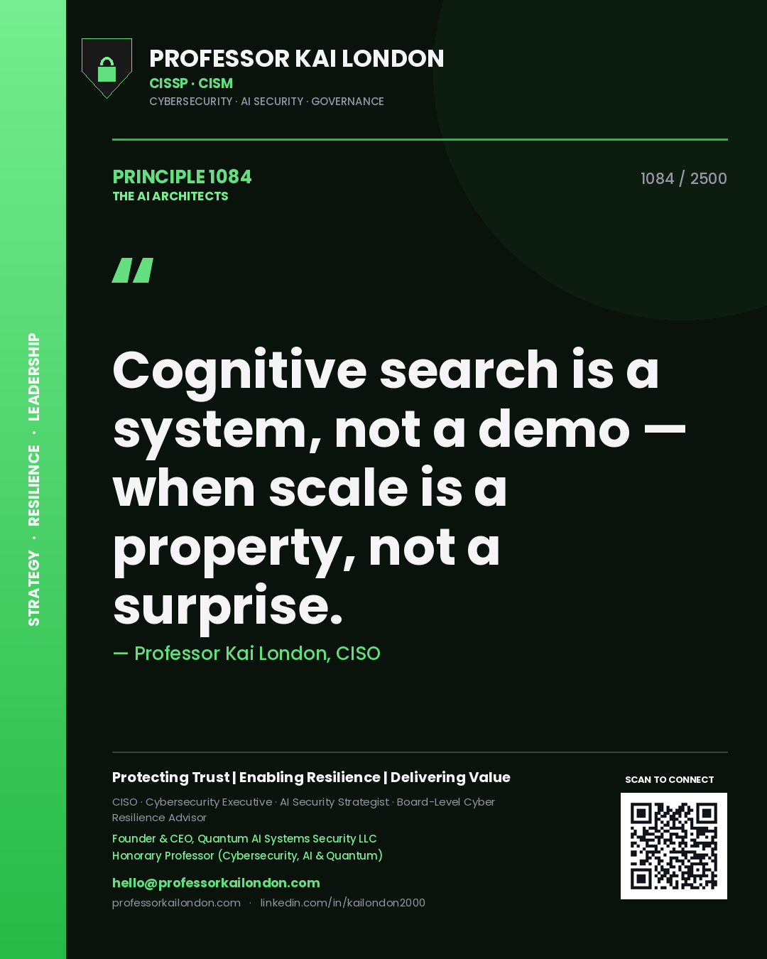 Professor Kai London principle 1084: Cognitive search is a system, not a demo — when scale is a property, not a surprise.