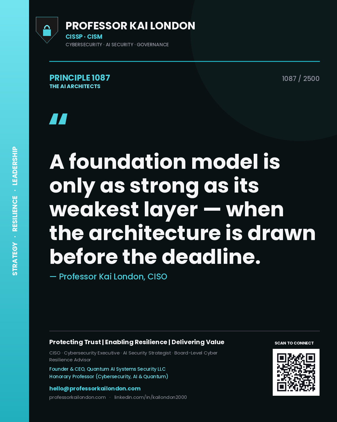 Quote card by Professor Kai London reading 'A foundation model is only as strong as its weakest layer — when the architecture is drawn before the deadline.'. From the book The AI Architects.
