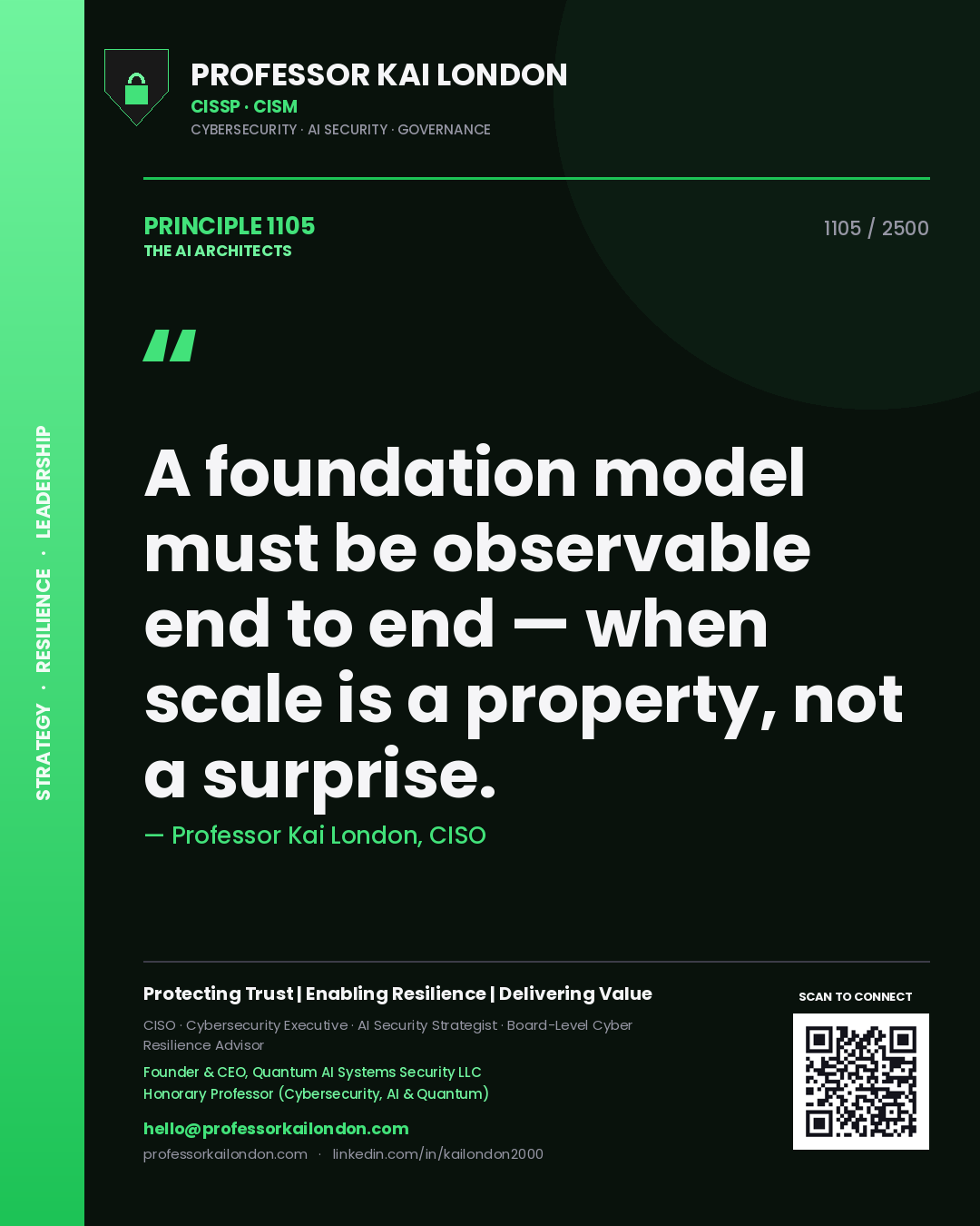 Quote card by Professor Kai London reading 'A foundation model must be observable end to end — when scale is a property, not a surprise.'. From the book The AI Architects.