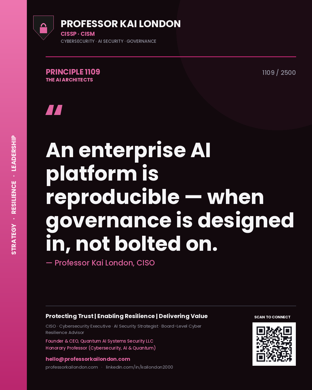 Quote card by Professor Kai London reading 'An enterprise AI platform is reproducible — when governance is designed in, not bolted on.'. From the book The AI Architects.