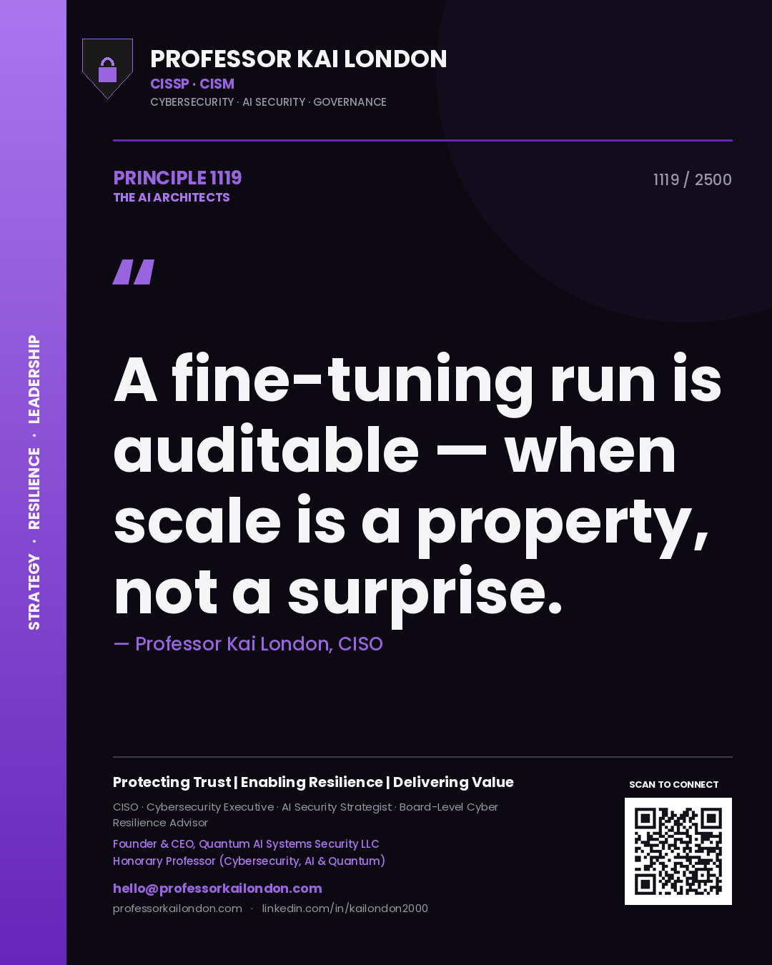 Quote card by Professor Kai London reading 'A fine-tuning run is auditable — when scale is a property, not a surprise.'. From the book The AI Architects.