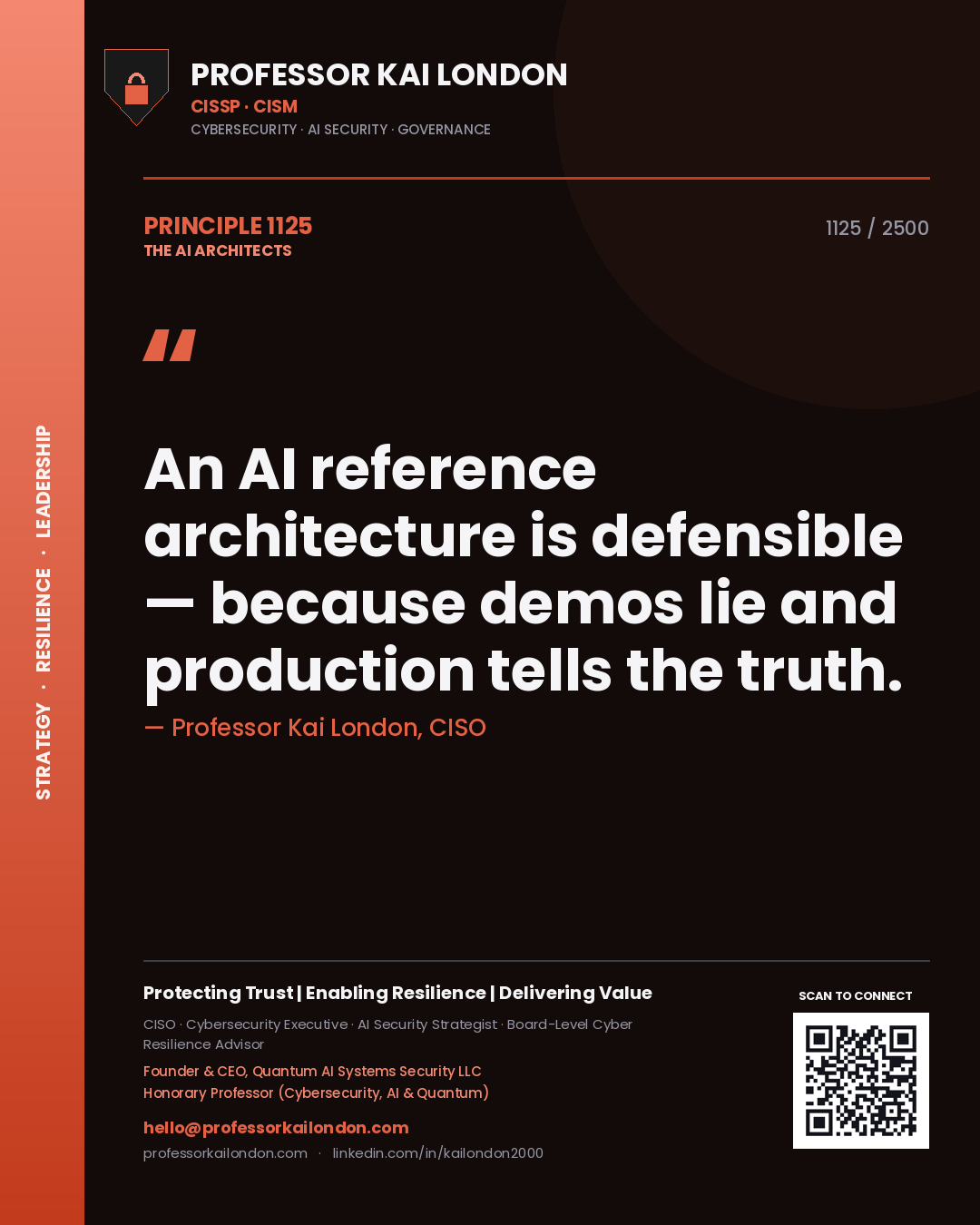 Professor Kai London principle 1125: An AI reference architecture is defensible — because demos lie and production tells the truth.