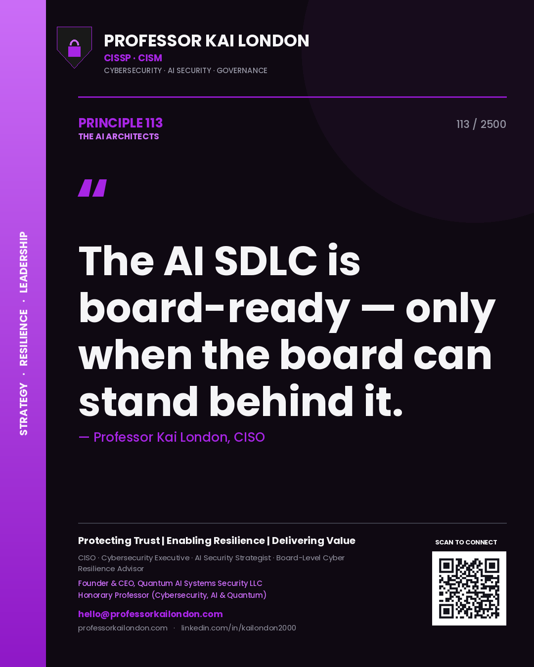 Quote card by Professor Kai London reading 'The AI SDLC is board-ready — only when the board can stand behind it.'. From the book The AI Architects.