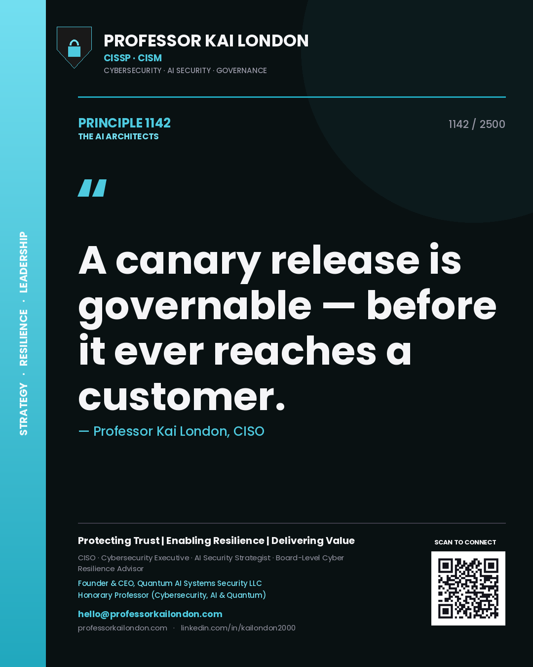 Quote card by Professor Kai London reading 'A canary release is governable — before it ever reaches a customer.'. From the book The AI Architects.