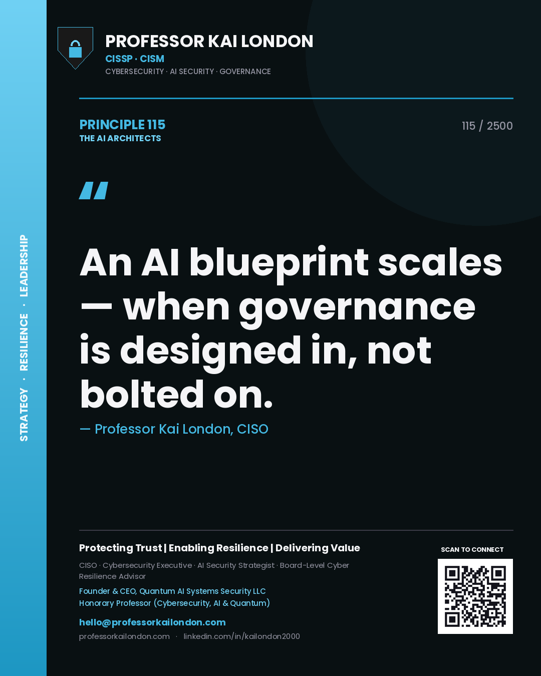 Quote card by Professor Kai London reading 'An AI blueprint scales — when governance is designed in, not bolted on.'. From the book The AI Architects.