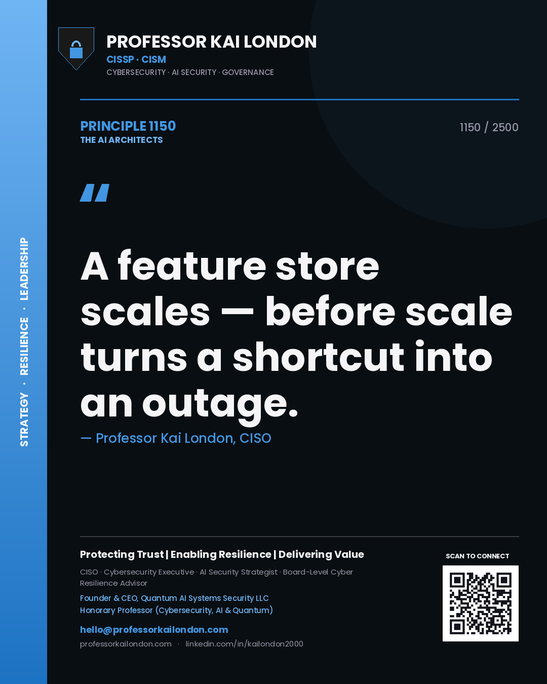 Professor Kai London principle 1150: A feature store scales — before scale turns a shortcut into an outage.
