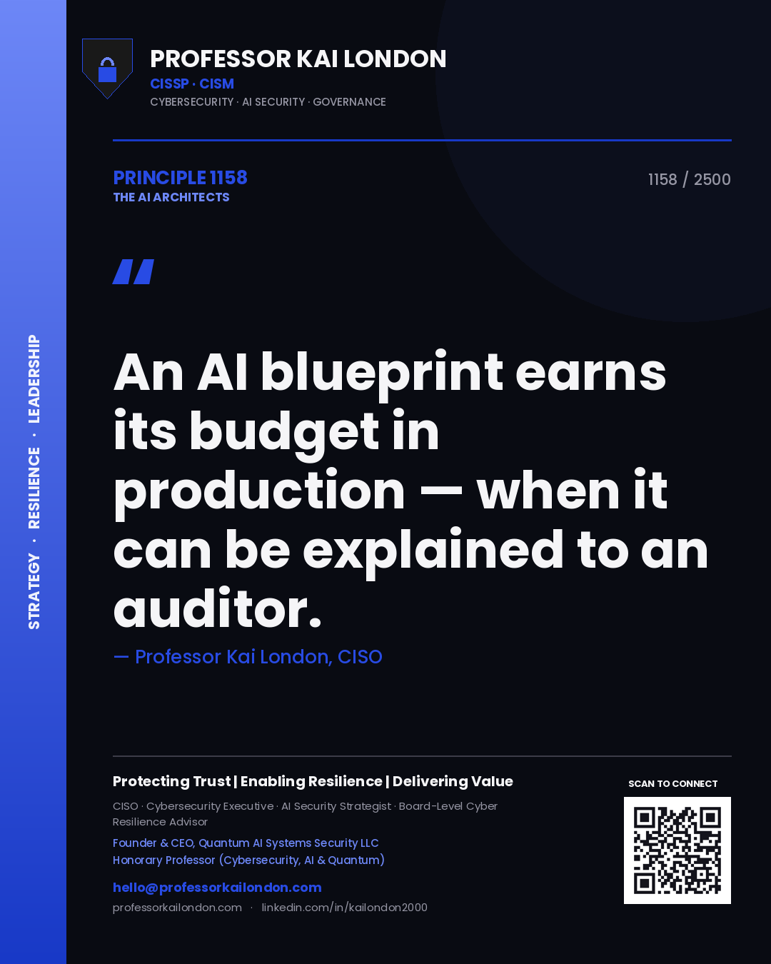 Quote card by Professor Kai London reading 'An AI blueprint earns its budget in production — when it can be explained to an auditor.'. From the book The AI Architects.