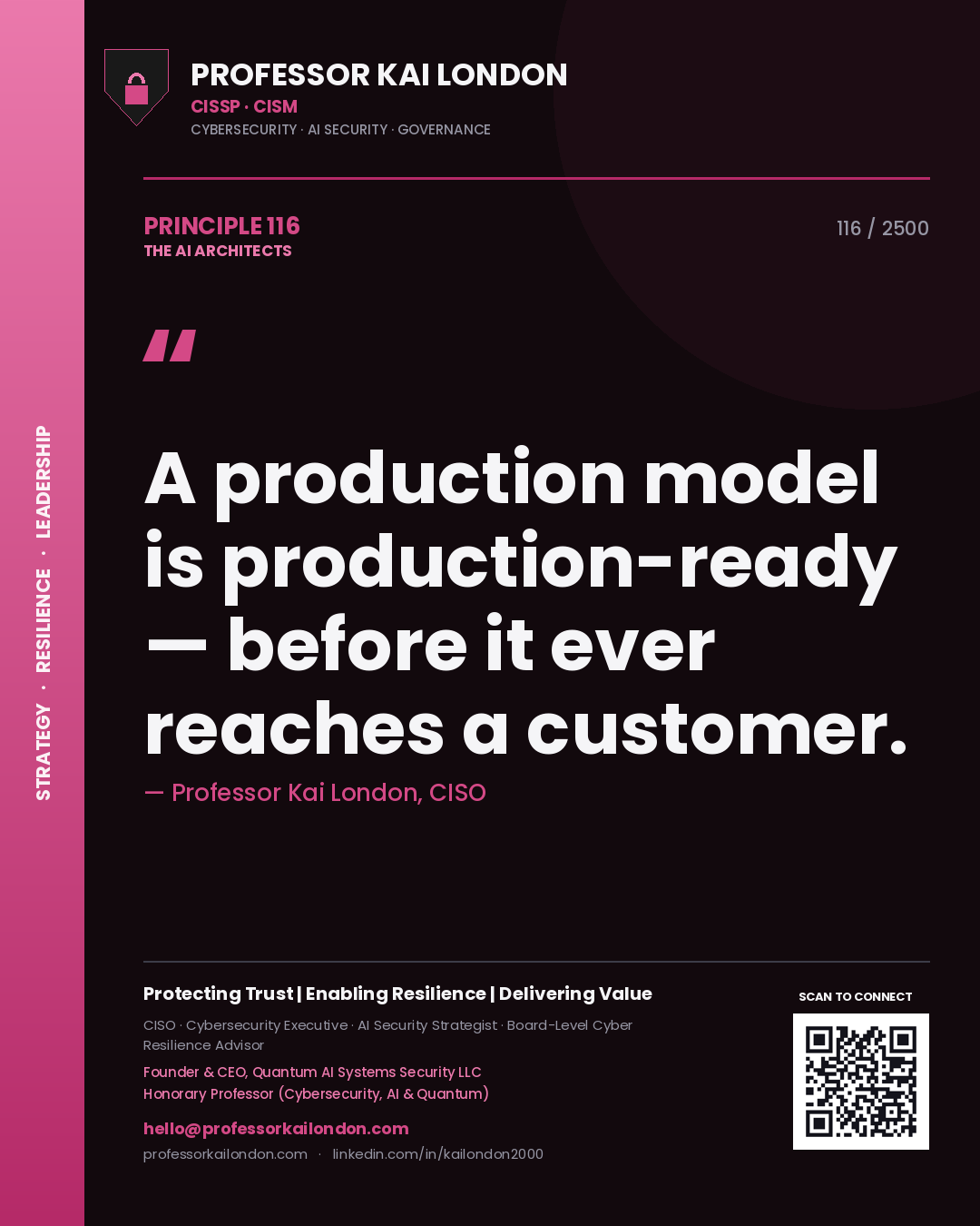Quote card by Professor Kai London reading 'A production model is production-ready — before it ever reaches a customer.'. From the book The AI Architects.