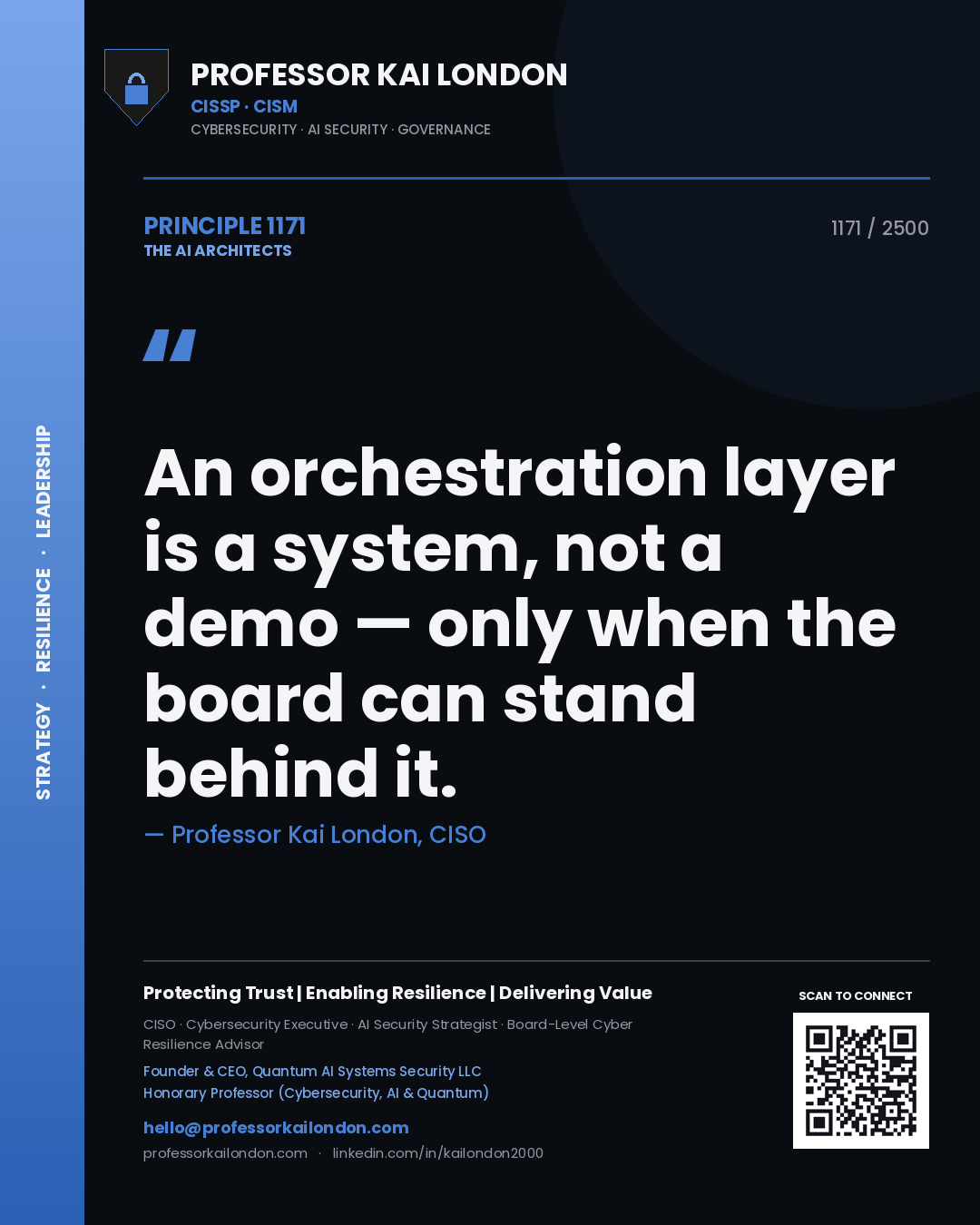 Quote card by Professor Kai London reading 'An orchestration layer is a system, not a demo — only when the board can stand behind it.'. From the book The AI Architects.