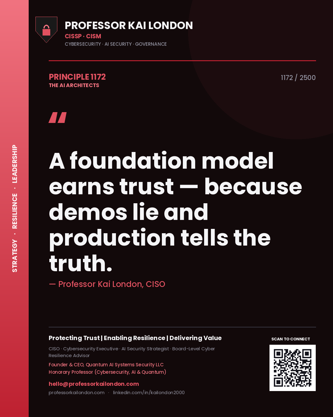 Quote card by Professor Kai London reading 'A foundation model earns trust — because demos lie and production tells the truth.'. From the book The AI Architects.