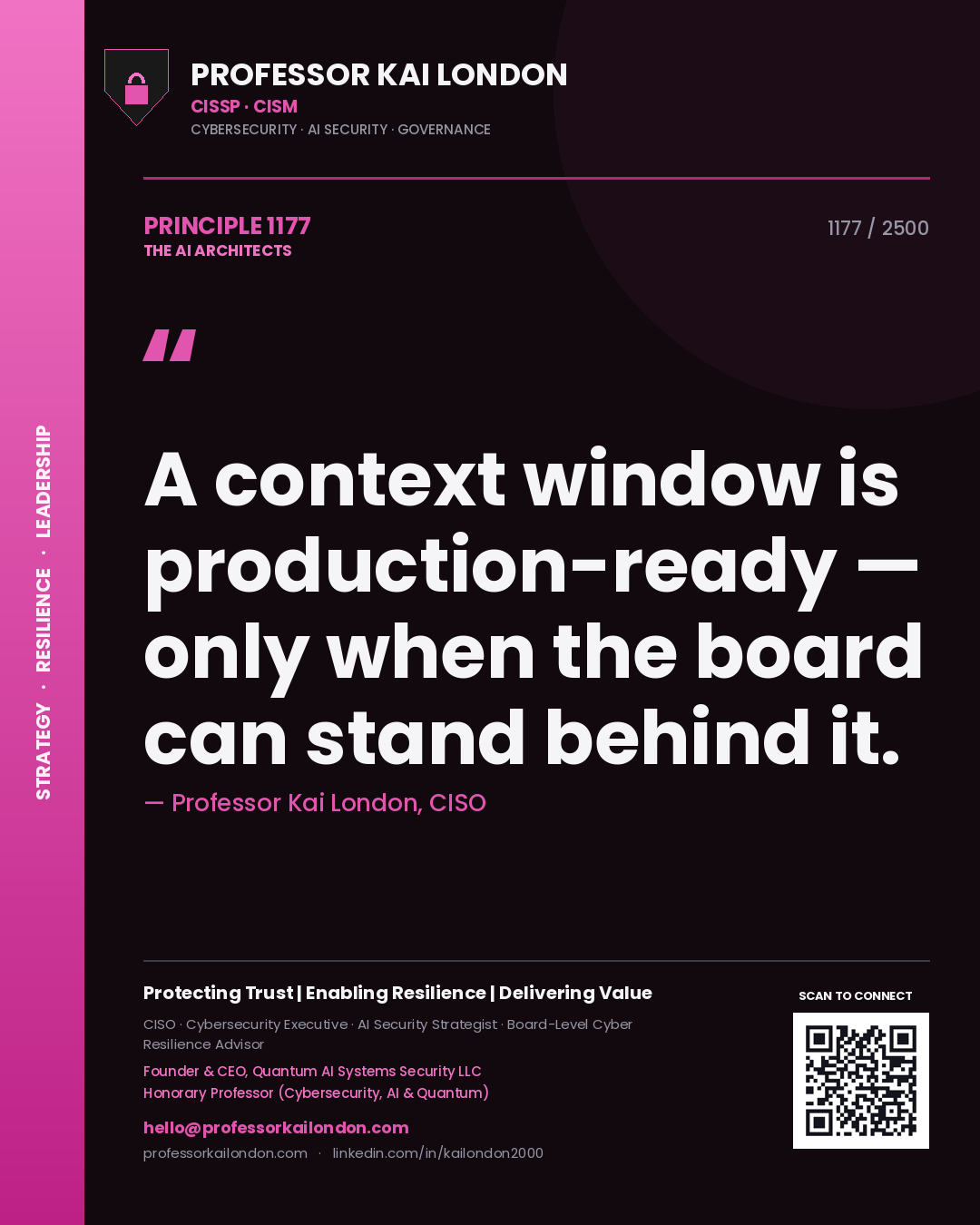 Quote card by Professor Kai London reading 'A context window is production-ready — only when the board can stand behind it.'. From the book The AI Architects.