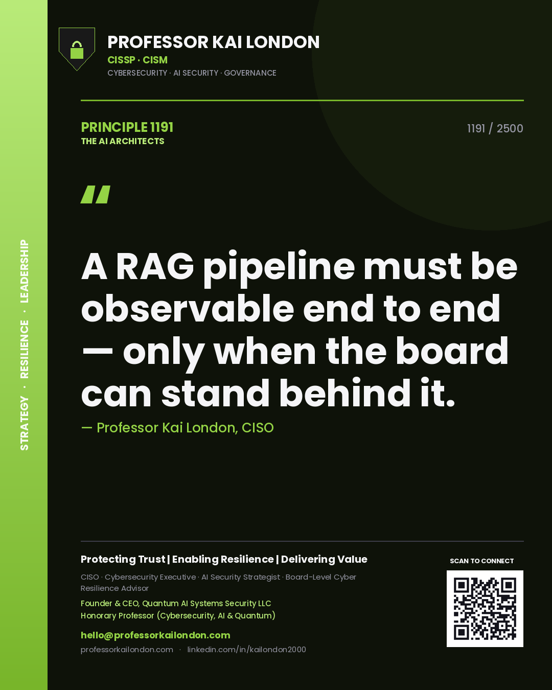 Professor Kai London principle 1191: A RAG pipeline must be observable end to end — only when the board can stand behind it.