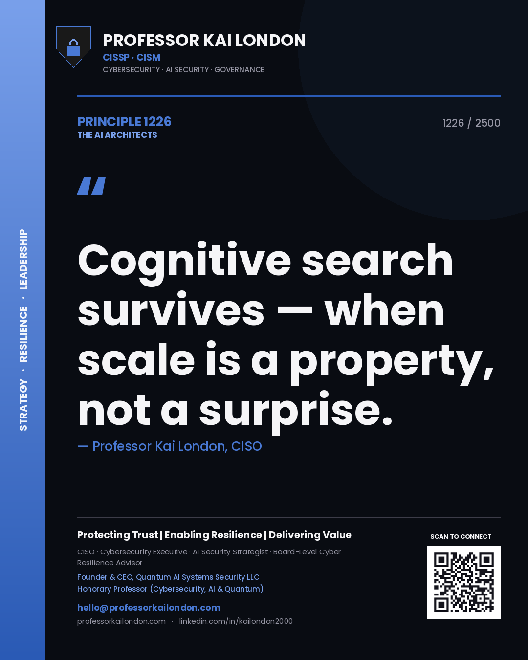 Quote card by Professor Kai London reading 'Cognitive search survives — when scale is a property, not a surprise.'. From the book The AI Architects.