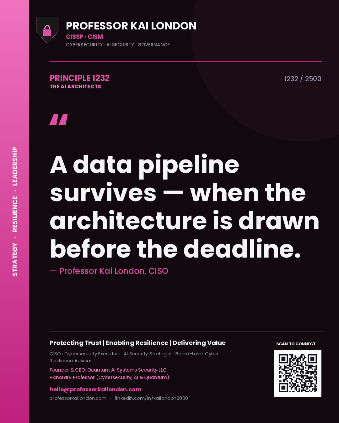 Professor Kai London principle 1232: A data pipeline survives — when the architecture is drawn before the deadline.