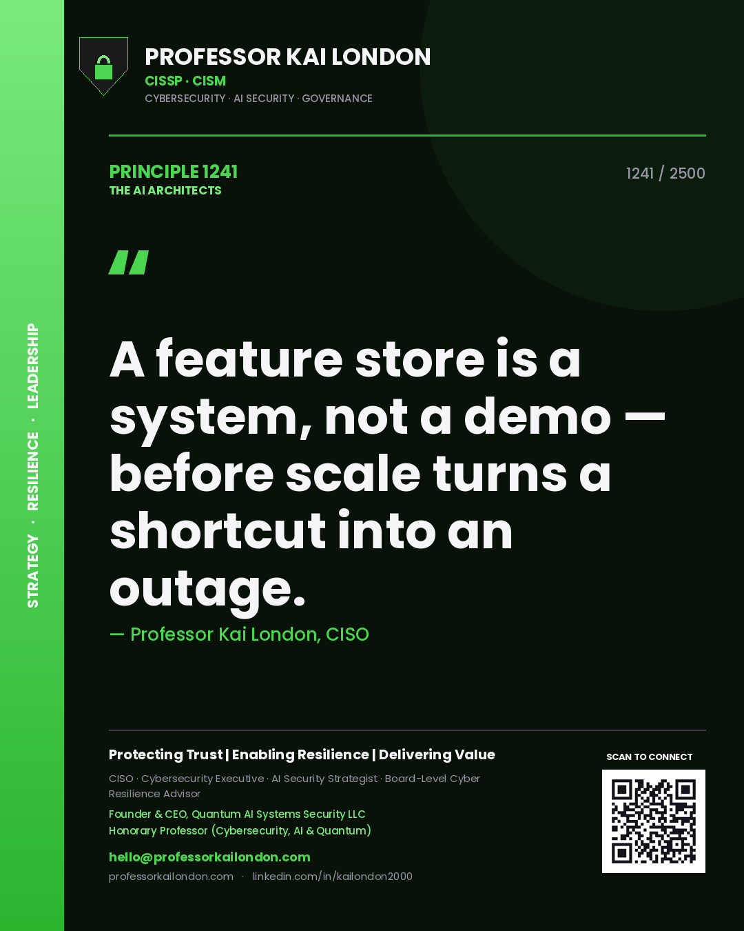 Professor Kai London principle 1241: A feature store is a system, not a demo — before scale turns a shortcut into an outage.