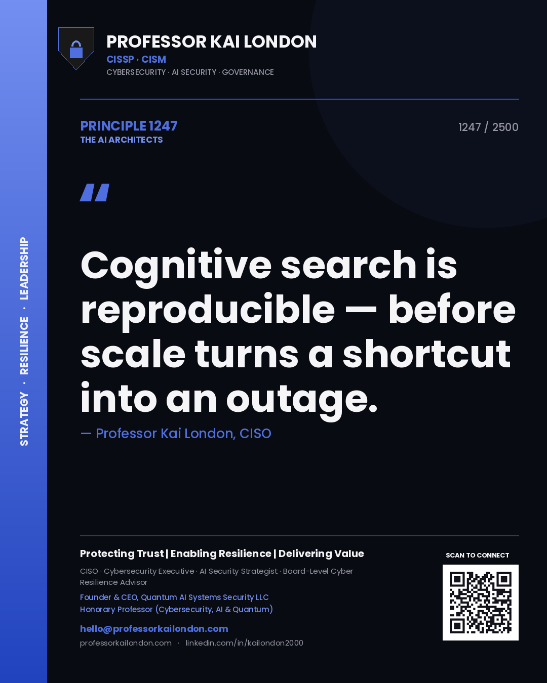 Professor Kai London principle 1247: Cognitive search is reproducible — before scale turns a shortcut into an outage.