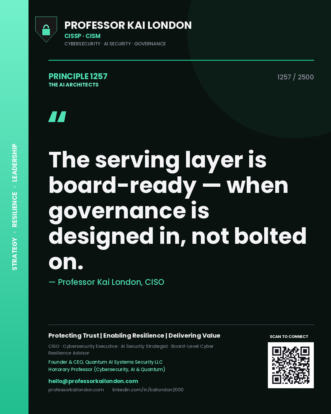 Quote card by Professor Kai London reading 'The serving layer is board-ready — when governance is designed in, not bolted on.'. From the book The AI Architects.