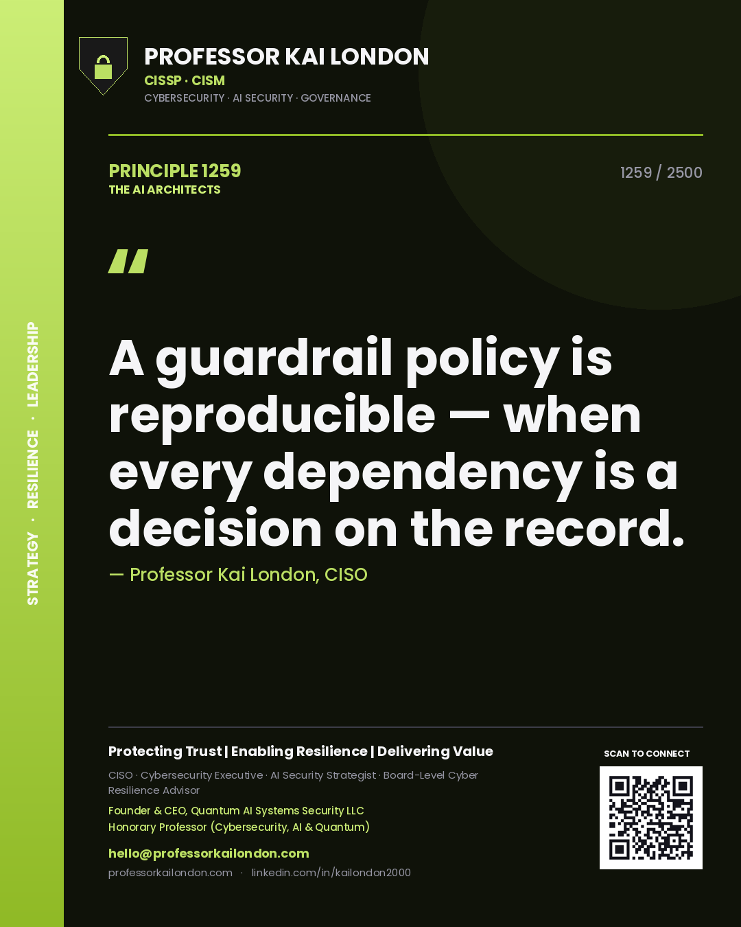 Professor Kai London principle 1259: A guardrail policy is reproducible — when every dependency is a decision on the record.