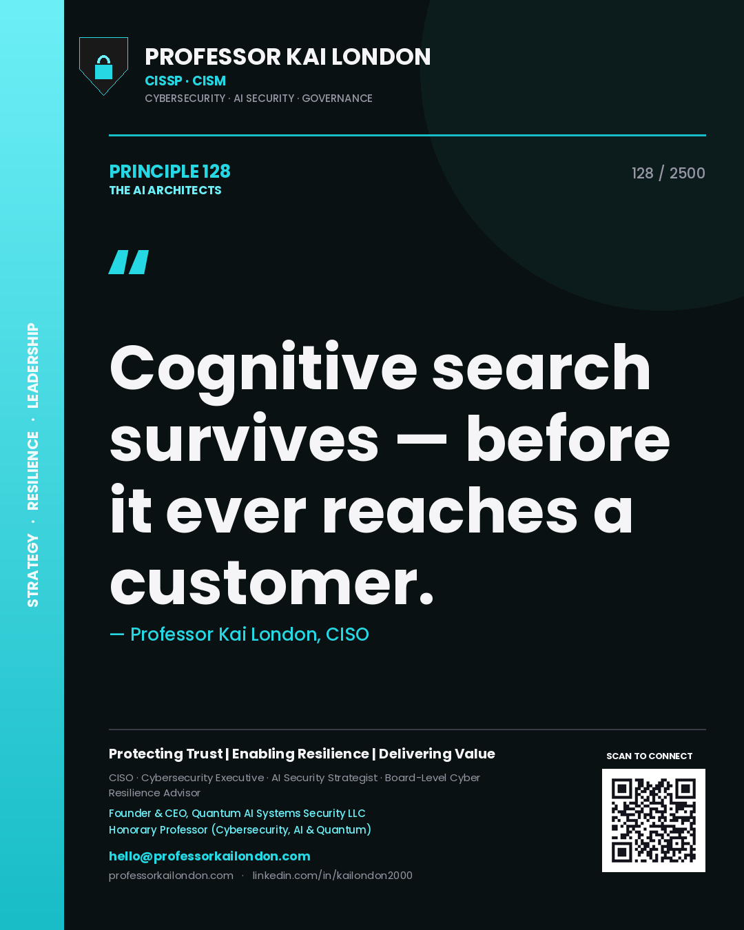 Quote card by Professor Kai London reading 'Cognitive search survives — before it ever reaches a customer.'. From the book The AI Architects.