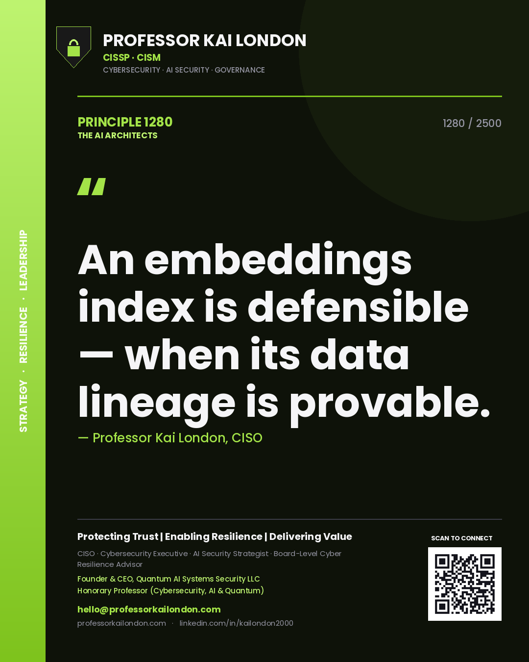 Quote card by Professor Kai London reading 'An embeddings index is defensible — when its data lineage is provable.'. From the book The AI Architects.