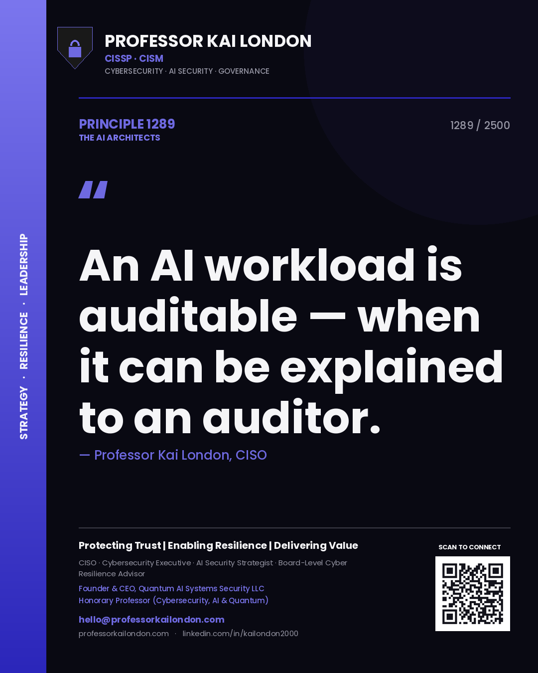 Quote card by Professor Kai London reading 'An AI workload is auditable — when it can be explained to an auditor.'. From the book The AI Architects.
