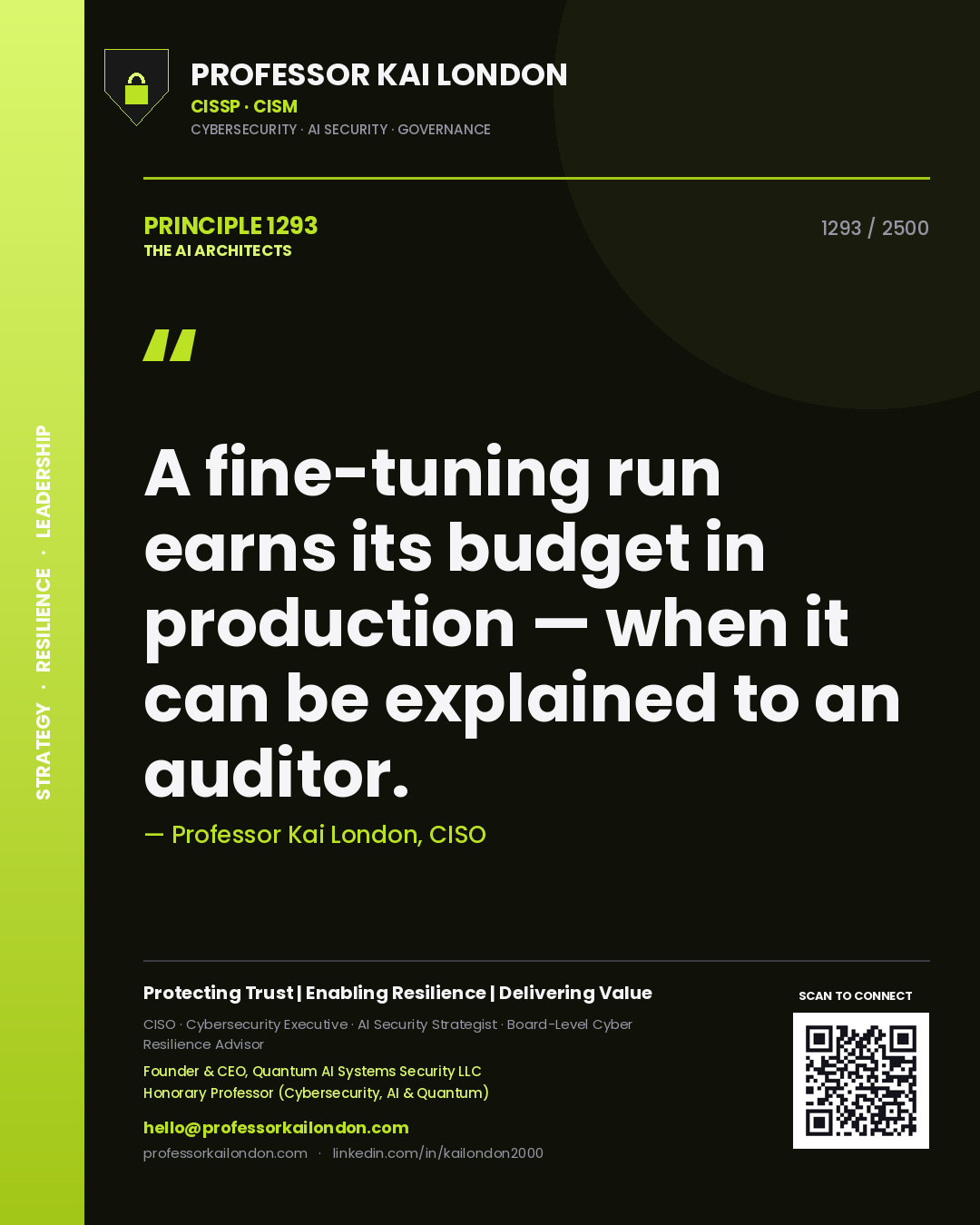 Quote card by Professor Kai London reading 'A fine-tuning run earns its budget in production — when it can be explained to an auditor.'. From the book The AI Architects.