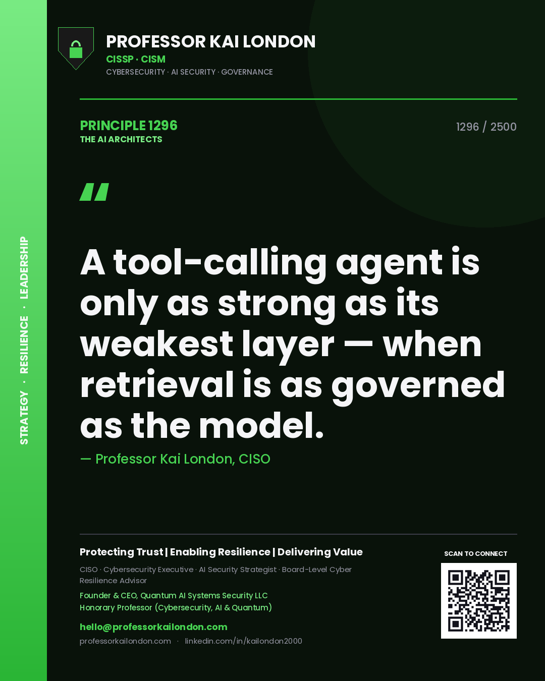 Quote card by Professor Kai London reading 'A tool-calling agent is only as strong as its weakest layer — when retrieval is as governed as the model.'. From the book The AI Architects.