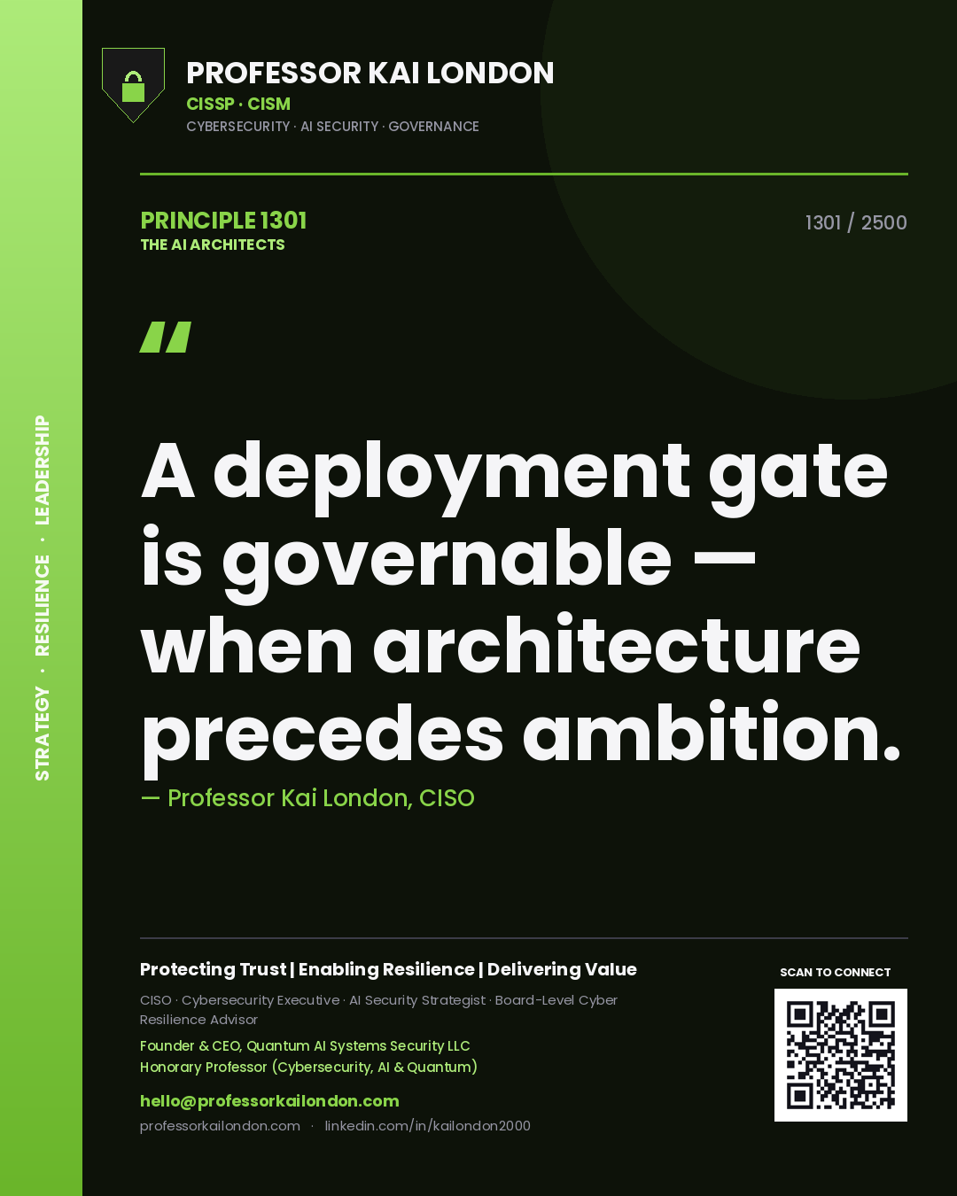 Quote card by Professor Kai London reading 'A deployment gate is governable — when architecture precedes ambition.'. From the book The AI Architects.