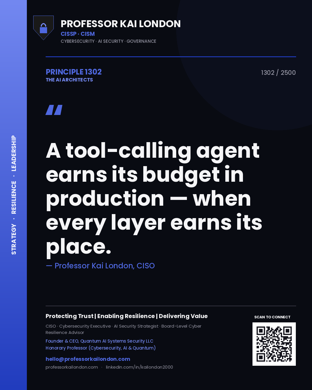 Quote card by Professor Kai London reading 'A tool-calling agent earns its budget in production — when every layer earns its place.'. From the book The AI Architects.