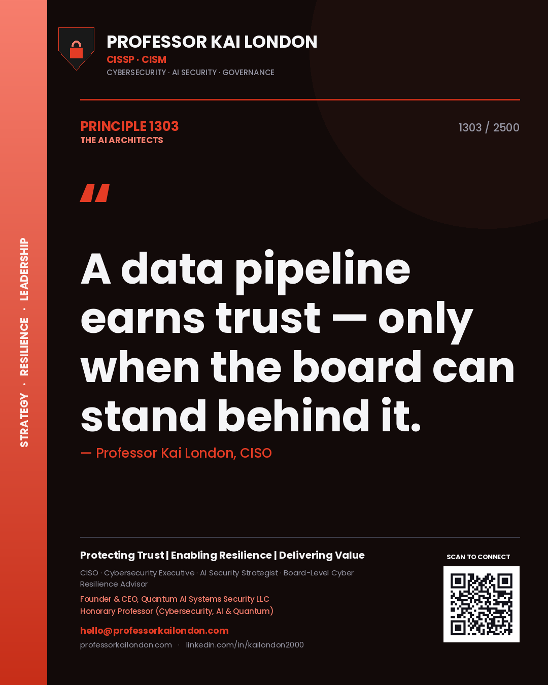 Professor Kai London principle 1303: A data pipeline earns trust — only when the board can stand behind it.