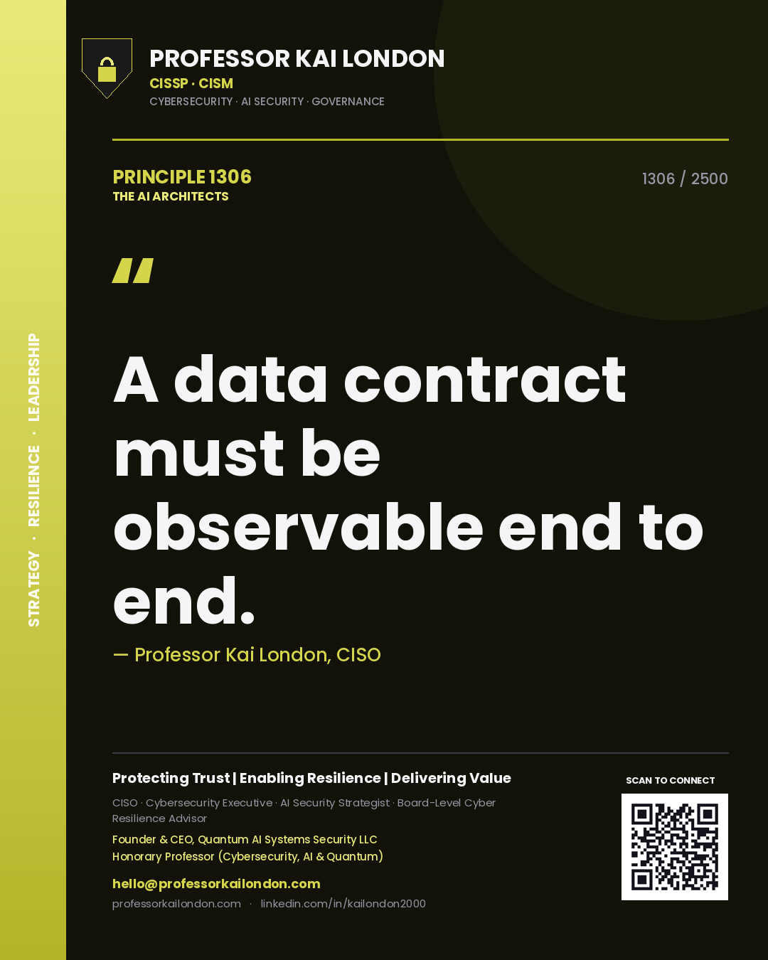 Quote card by Professor Kai London reading 'A data contract must be observable end to end.'. From the book The AI Architects.