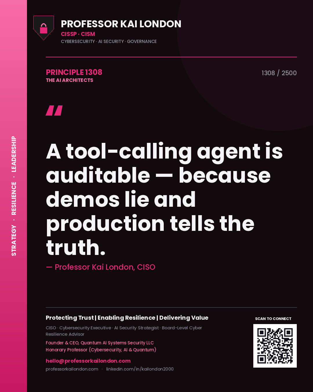 Quote card by Professor Kai London reading 'A tool-calling agent is auditable — because demos lie and production tells the truth.'. From the book The AI Architects.