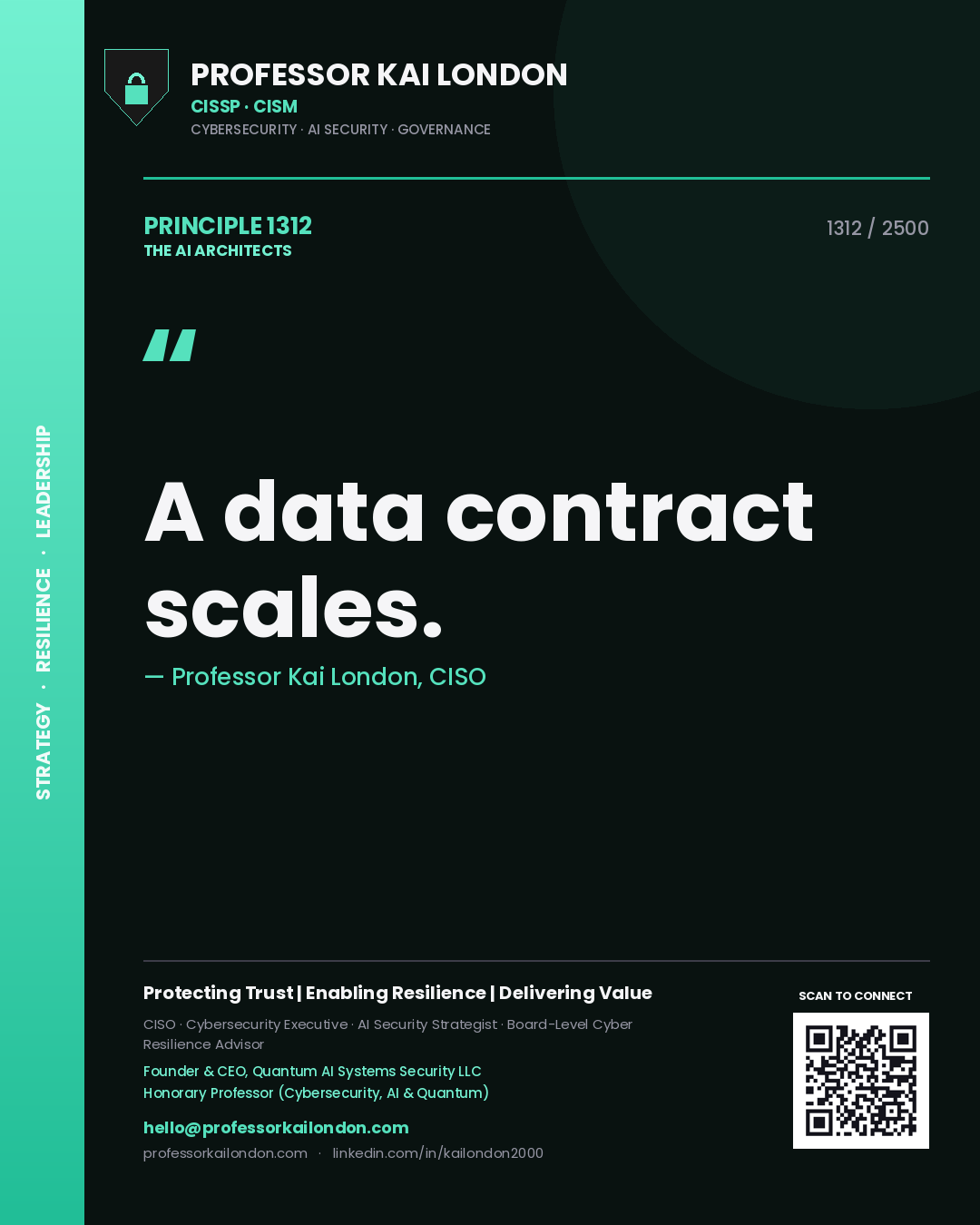 Quote card by Professor Kai London reading 'A data contract scales.'. From the book The AI Architects.
