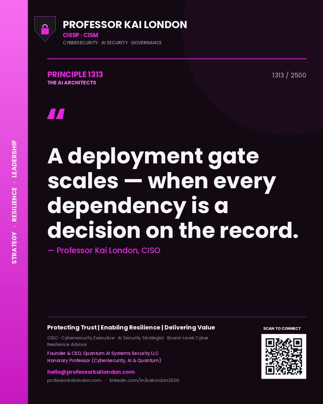 Quote card by Professor Kai London reading 'A deployment gate scales — when every dependency is a decision on the record.'. From the book The AI Architects.