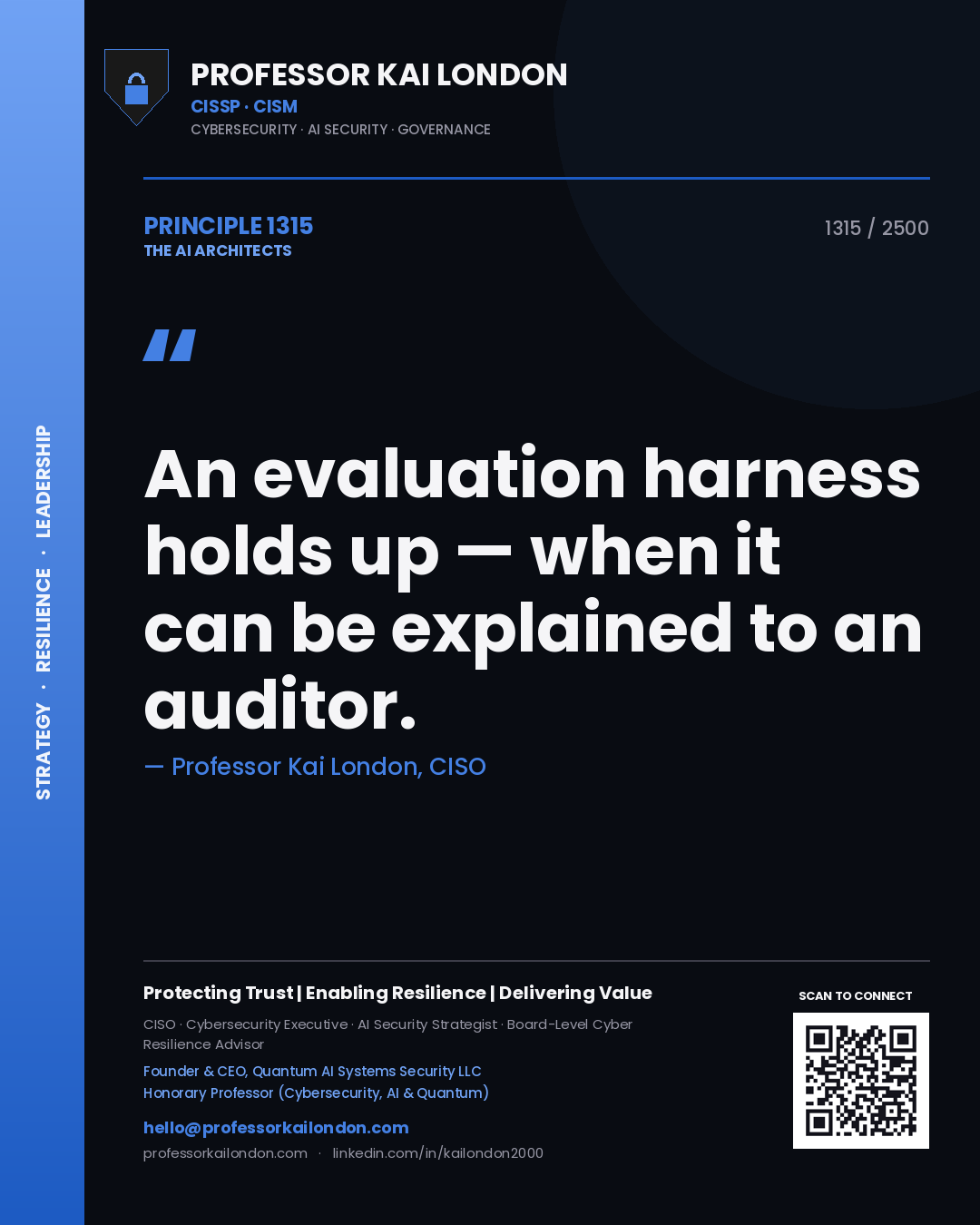 Professor Kai London principle 1315: An evaluation harness holds up — when it can be explained to an auditor.
