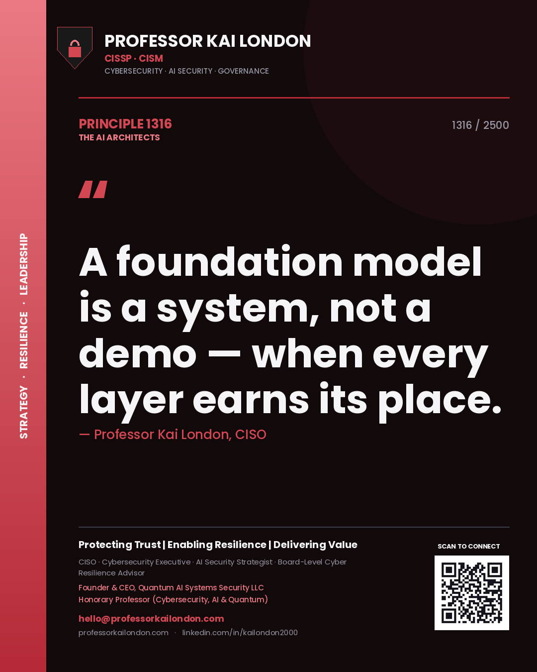 Quote card by Professor Kai London reading 'A foundation model is a system, not a demo — when every layer earns its place.'. From the book The AI Architects.