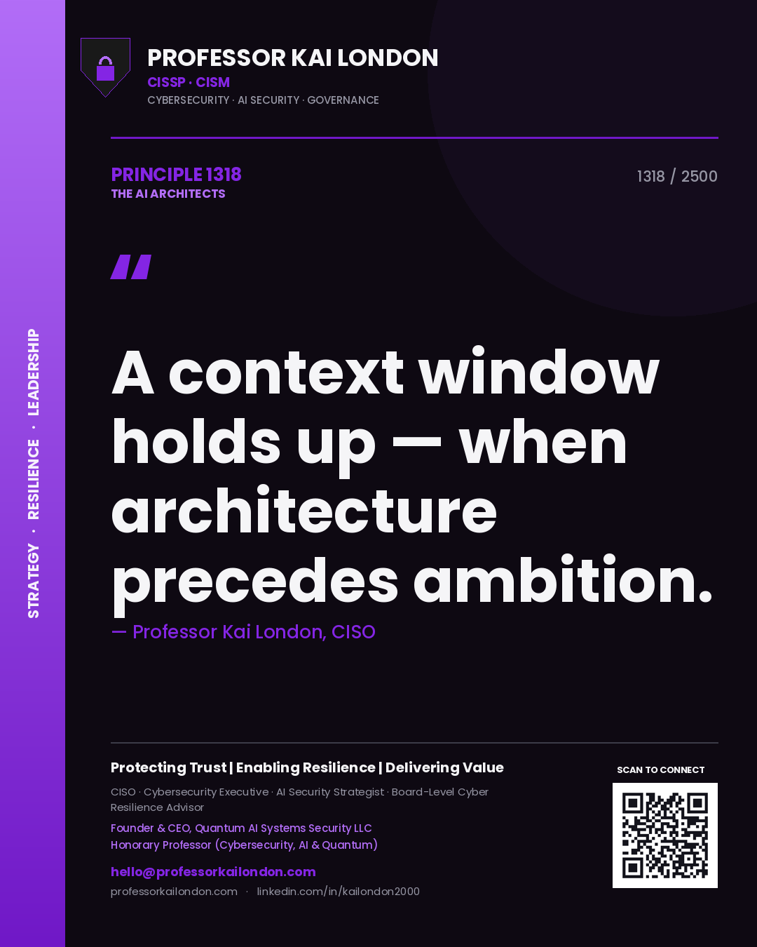 Quote card by Professor Kai London reading 'A context window holds up — when architecture precedes ambition.'. From the book The AI Architects.