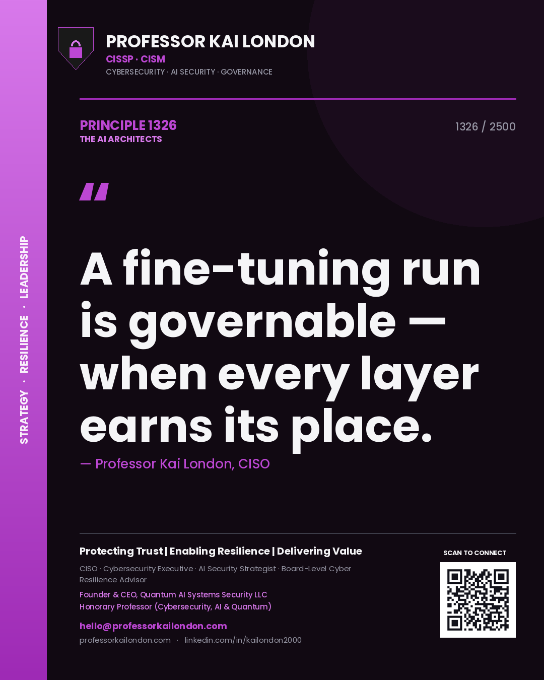 Quote card by Professor Kai London reading 'A fine-tuning run is governable — when every layer earns its place.'. From the book The AI Architects.