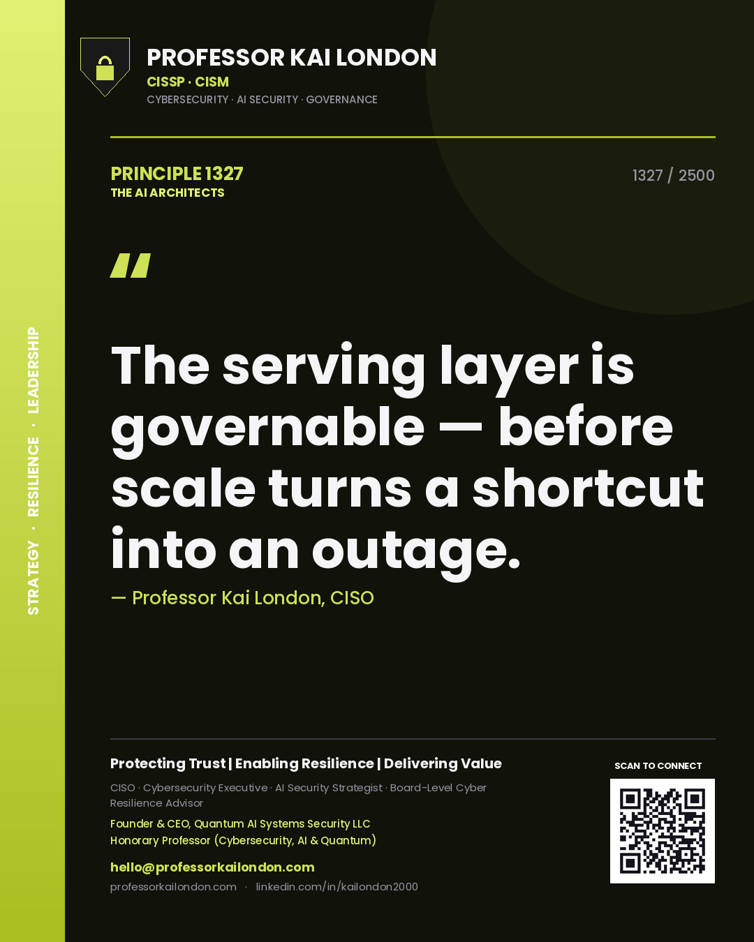 Quote card by Professor Kai London reading 'The serving layer is governable — before scale turns a shortcut into an outage.'. From the book The AI Architects.