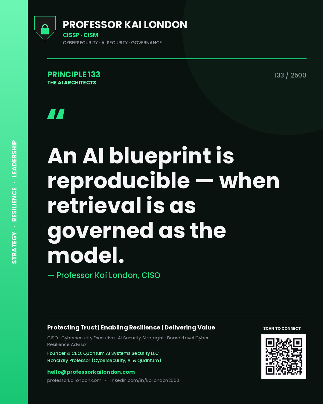 Quote card by Professor Kai London reading 'An AI blueprint is reproducible — when retrieval is as governed as the model.'. From the book The AI Architects.